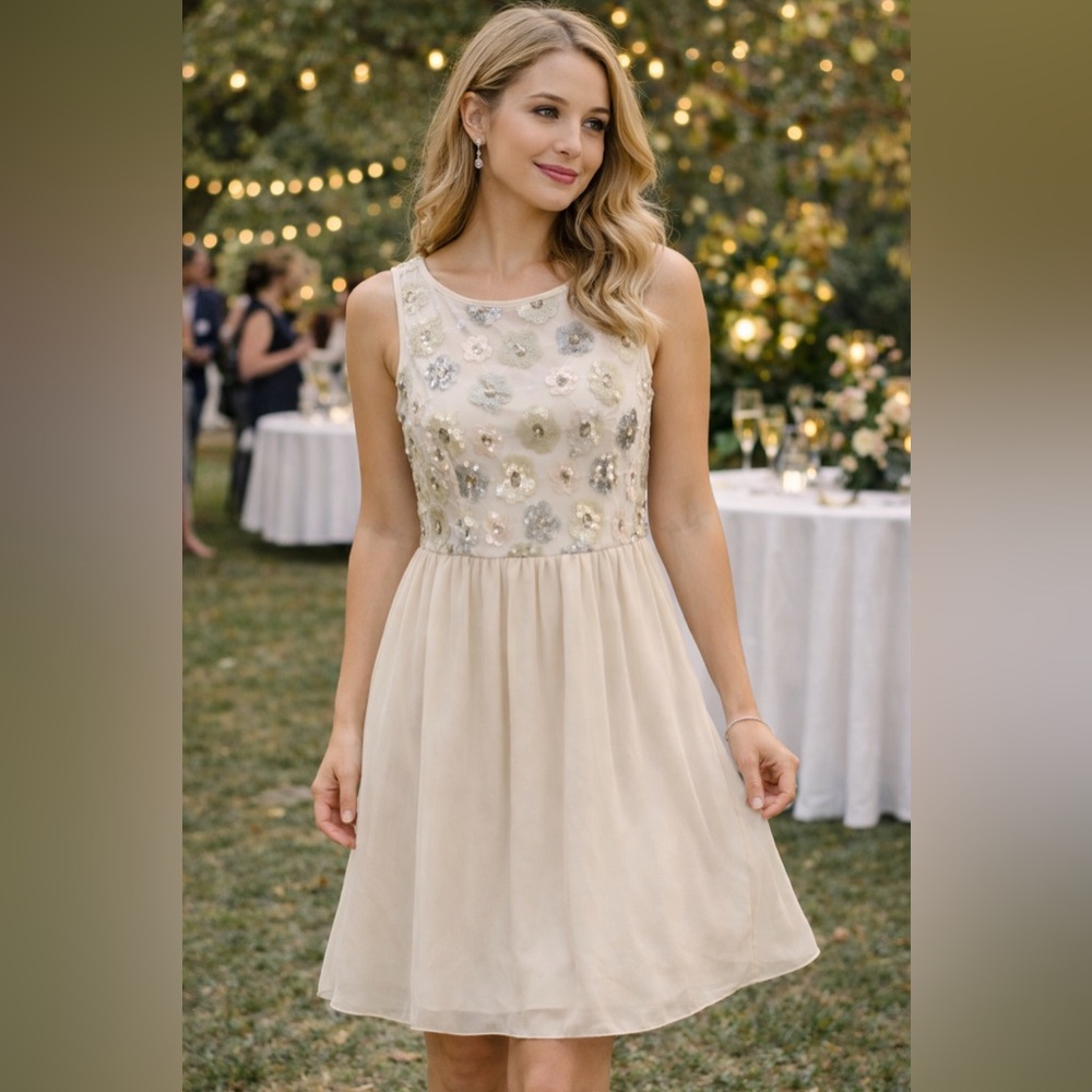Kensie Cream & Gray Floral Sequin Dress - Size S - Sparkling Cocktail Mini